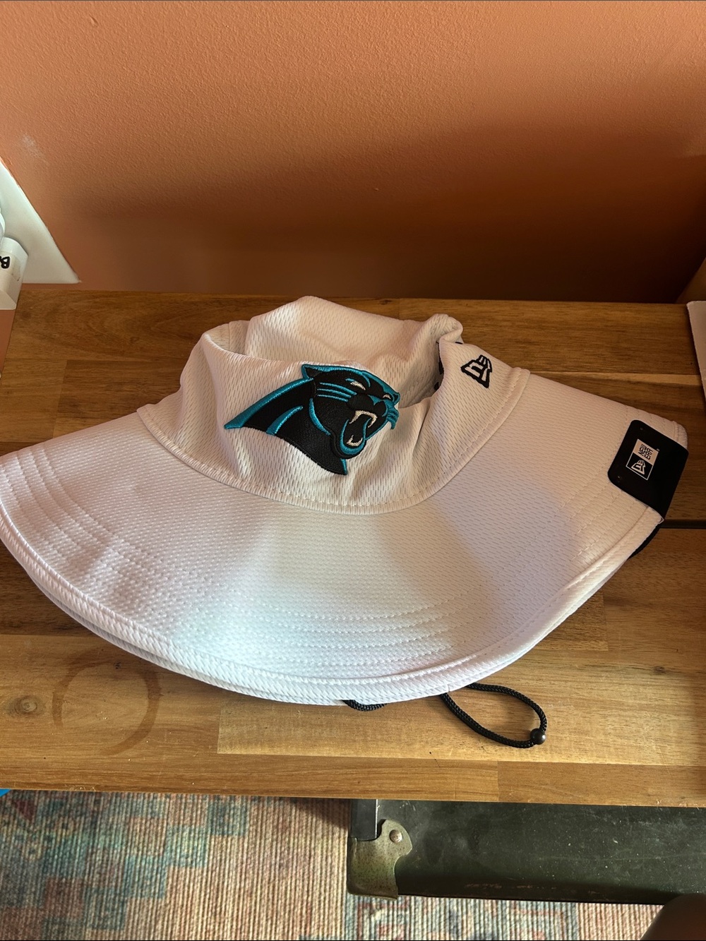 New Era Carolina Panthers White Bucket Hat with Teal Accent